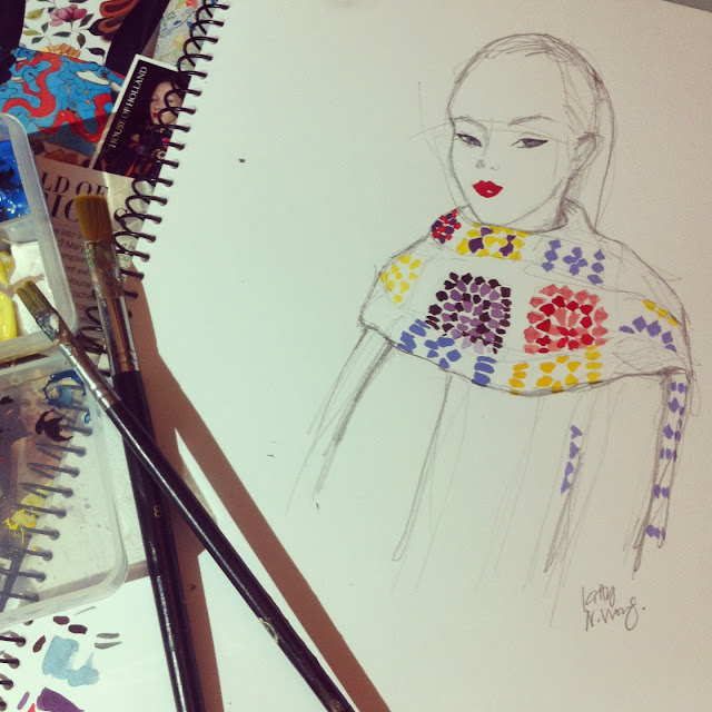 sketchbook drawing of a girl in rainbow crochet scarf