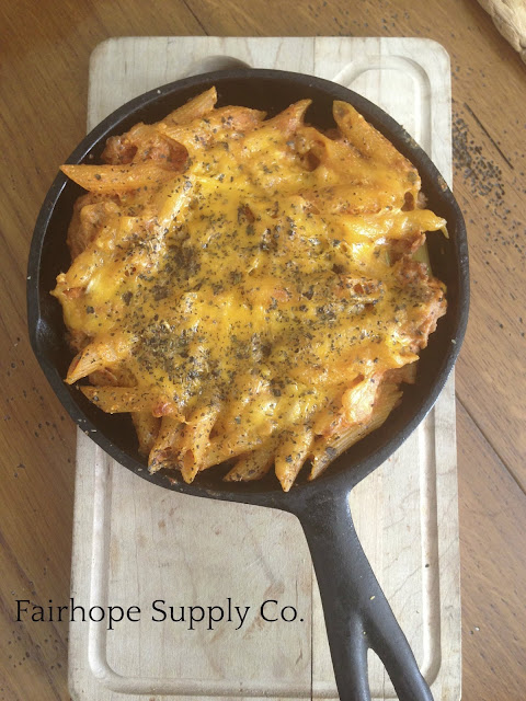 individual cheesy pasta bake in cast iron skillet - Fairhope Supply Co. 