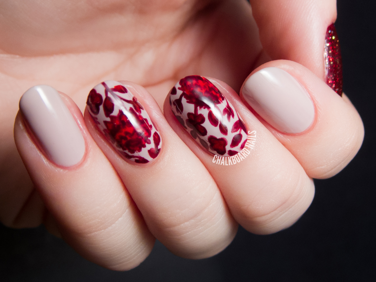 Ruby red floral print by @chalkboardnails