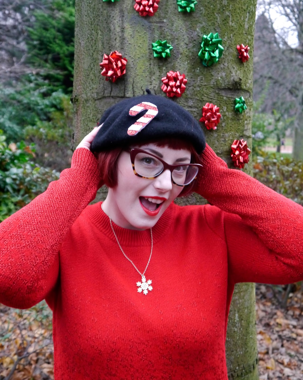 Unlikely Style Icon, Christmas, Christmas outfit, Christmas Unlikely Style Icon, festive jumper, subtle festive jumper, red outfit, winter outfit, Bonnie Bling snowflake necklace, winter necklace, gold boots, Primark gold boots, black beret, candy cane, Alternate Normality, festive outfit, Spex Pistols glasses 
