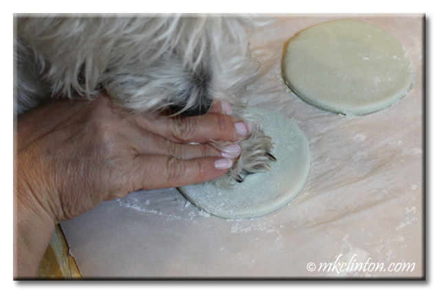 Human hand pressing dog paw into salt dough for imprint