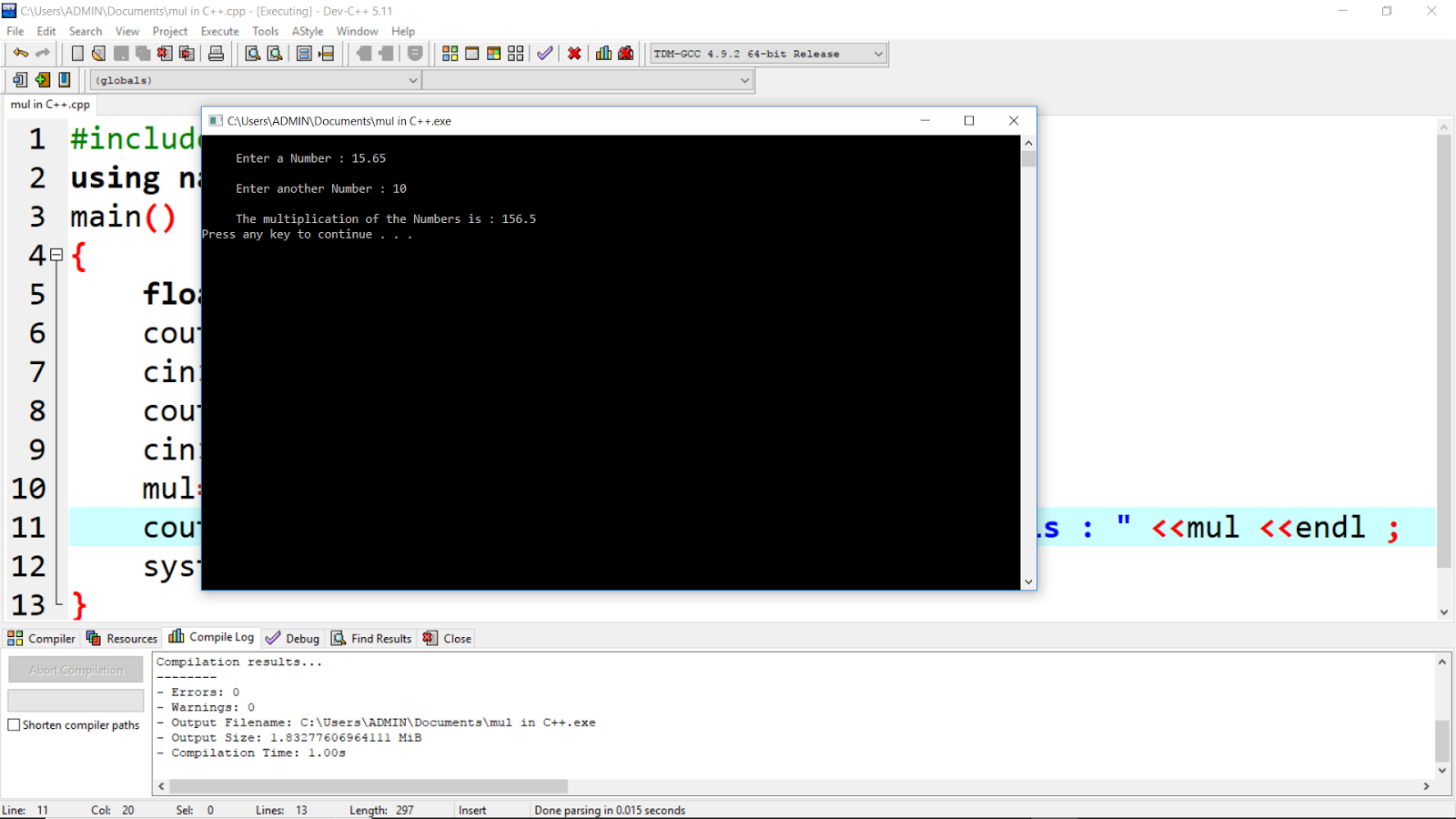 Multiplication of two Float numbers in C++ Language without and with Class