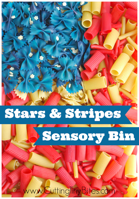 Fourth of July "Stars and Stripes" Sensory Bin made from dyed pasta. Fun for toddlers and preschoolers for Independence Day.