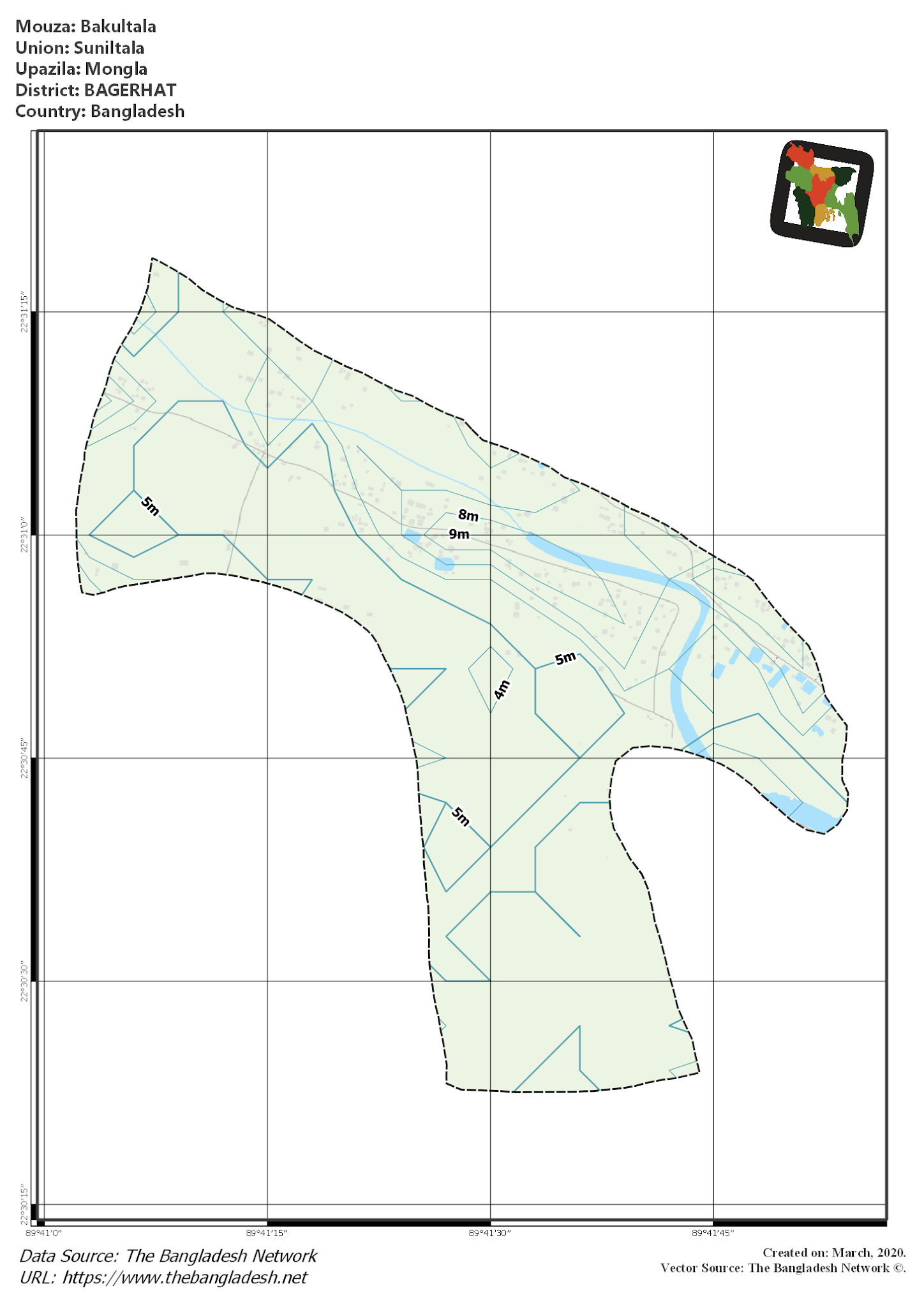 Map of Bakultala Mouza of Mongla Upazila, BAGERHAT, Bangladesh.
