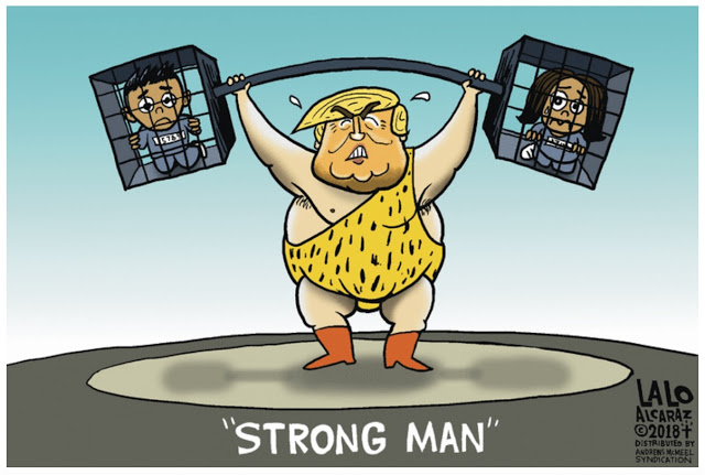 Title:  Strong Man.  Image:  Donald Trump as strong man lifting barbells.  The 