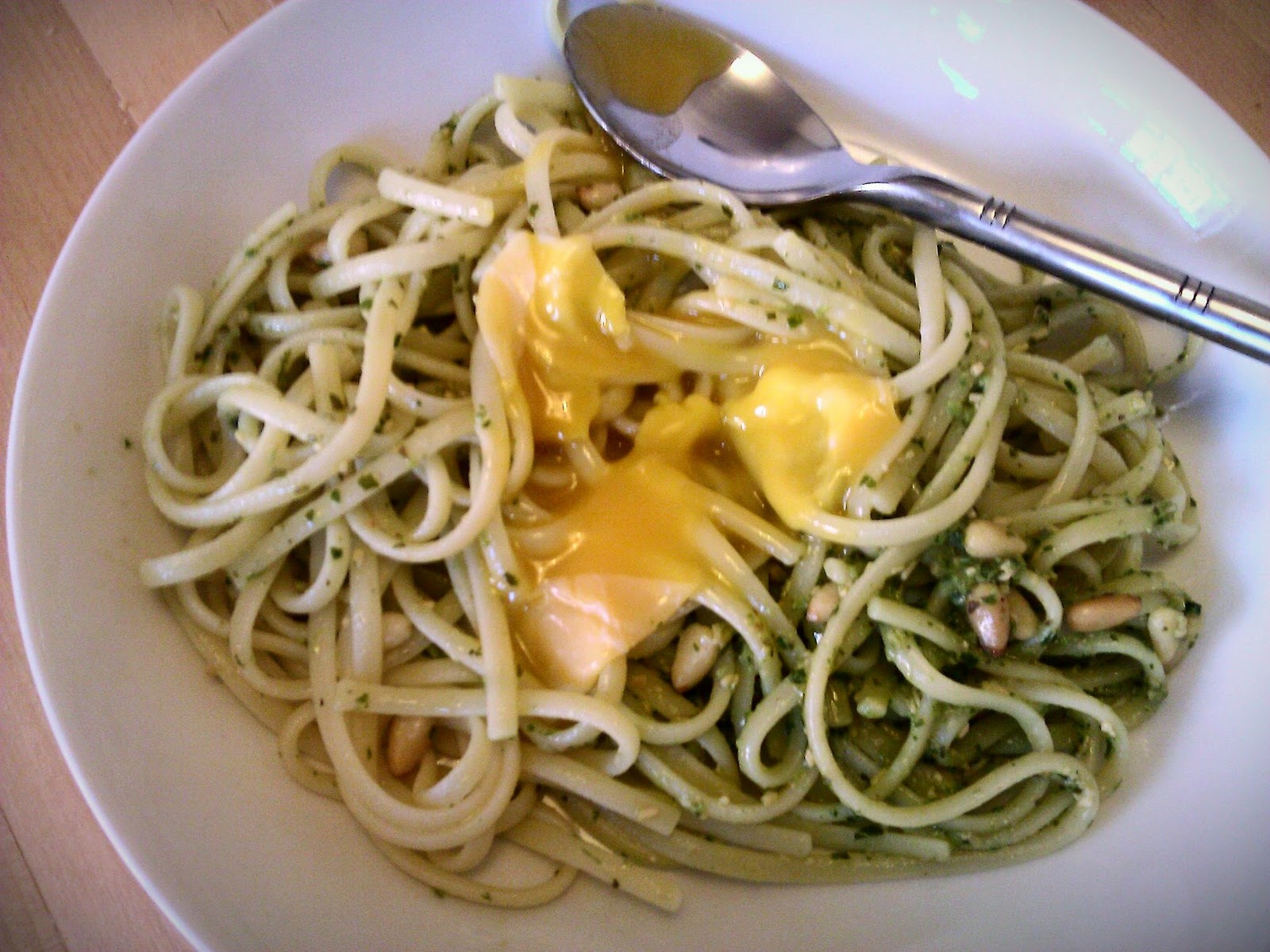 Everything Goes With Toast Linguine with pesto & poached egg yolk