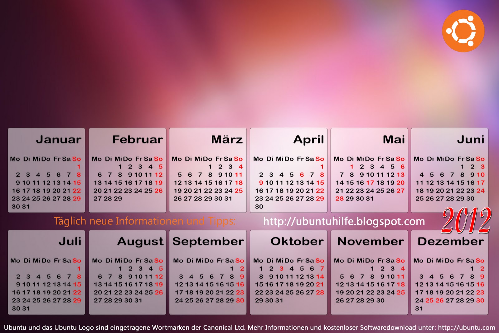 Ubuntuhilfe - Ubuntu für Einsteiger & Anfänger: Ubuntu Kalender 2012 