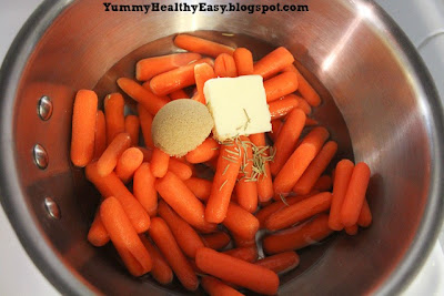 Pan filled with Brown Sugar Glazed Carrot ingredients - carrots, brown sugar, butter and rosemary but with water added (step by step instructions)