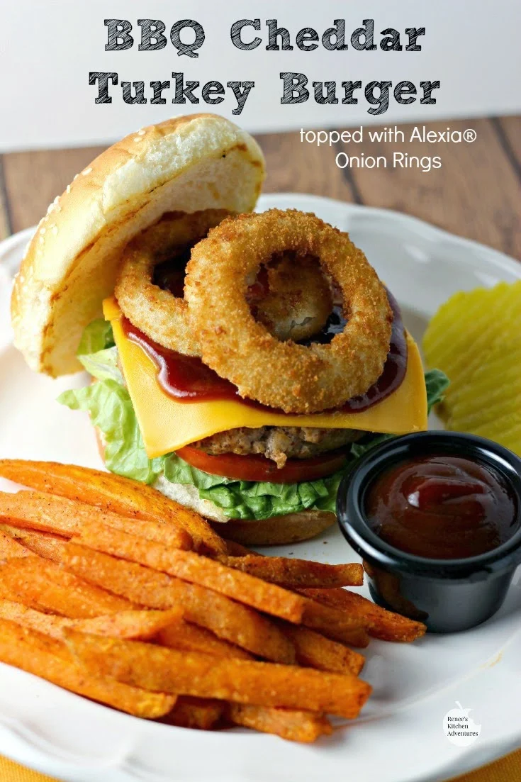 BBQ Cheddar Turkey Burgers (topped with Alexia® Onion Rings | Renee's Kitchen Adventures:  Fire up your grill NOW! #SpringIntoFlavor #ad