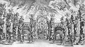 An illustration of the stage set, meant to represent the  underworld, for a production of Il pomo d'oro in Vienna