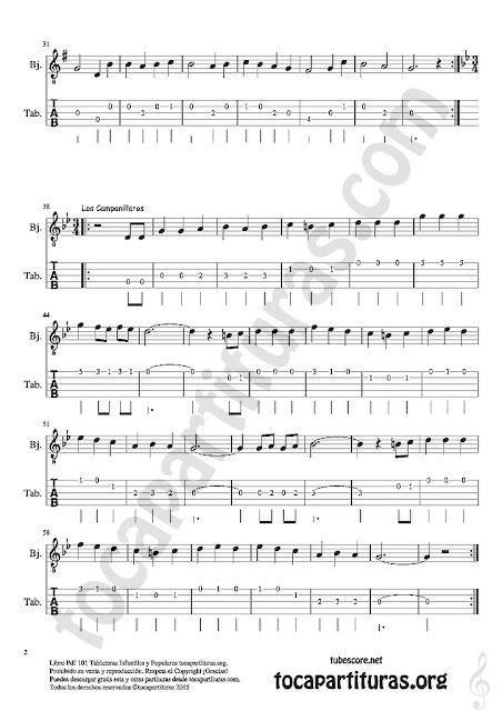 2  Banjo Tablatura y Partitura Mix 28 Dulce Navidad, Adeste Fideles y Los Campanilleos Villancicos Tablature Sheet Music for Banjo Music Score Tabs