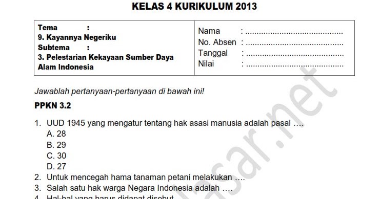Soal Ulangan Harian Kelas 4 Tema 9 Subtema 3 Http Philosophymumbai9 Blogspot Com