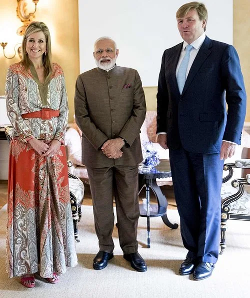 Queen Maxima met with Indian Prime Minister Narendra Modi. Queen Maxima wore Etro multicolor paisley Printed Skirt and Blouse