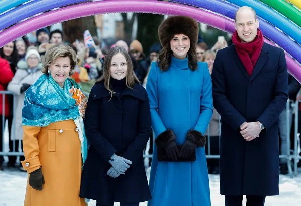 Kate Middleton wears a jacket by Catherine Walker and a maternity dress by Seraphine brand. Mette Marit wore Manolo Blahnik pumps. Queen Sonja