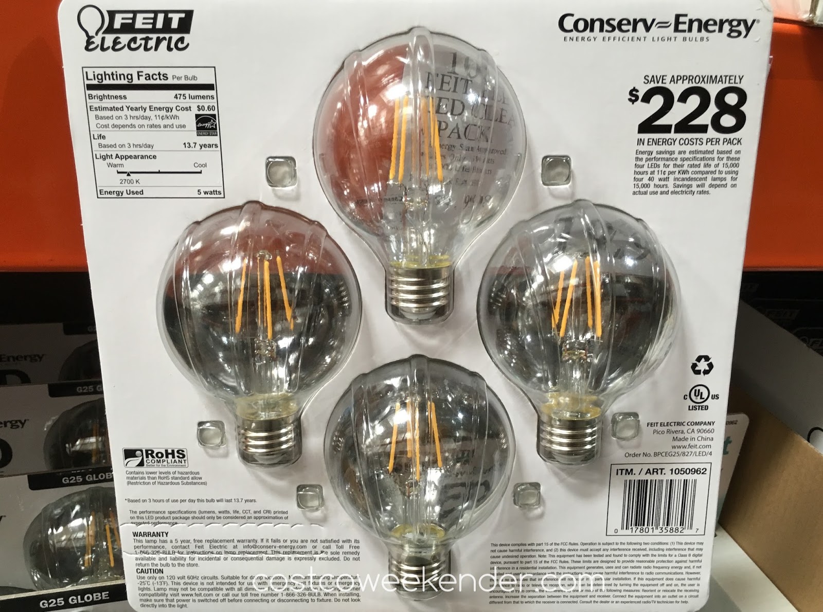Feit Electric G25 Globe 40 Watt LED (4 pack) Costco Weekender