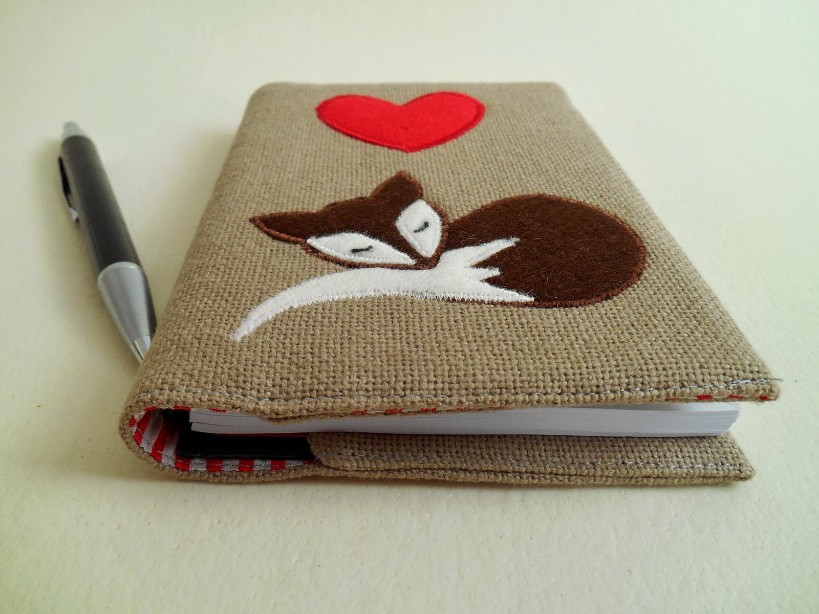 Fox and heart fabric cover for notebook