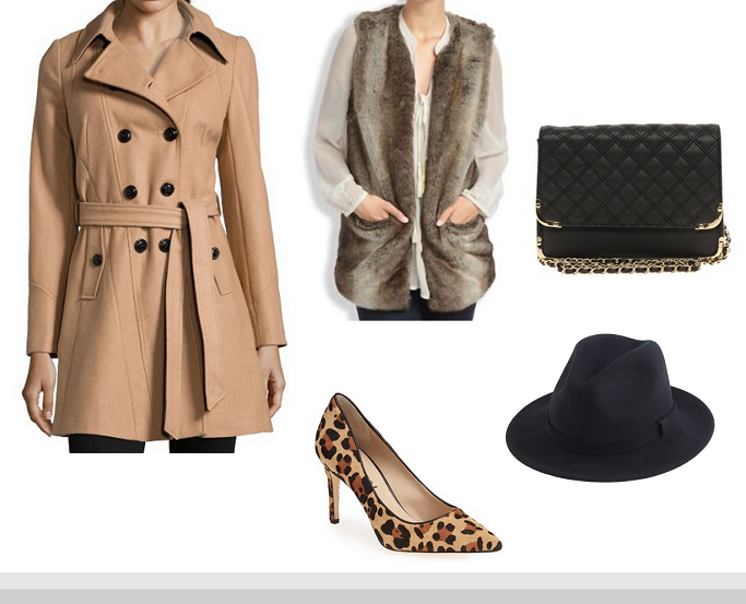 Faux fur vest outfit ideas, How to layer fur vest, affordable fur vests, camel wool coat