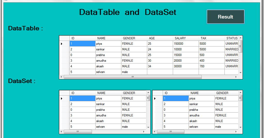 c code for datatable and dataset function in dot net C Tutorial