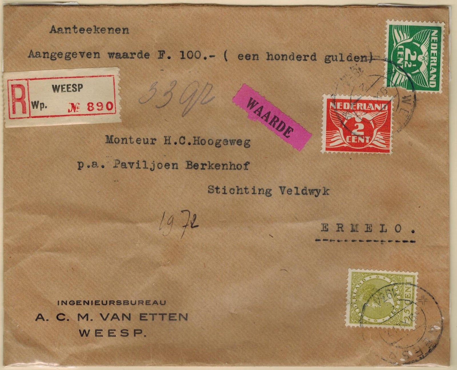 Netherlands Postal History Domestic Insured Mail 1921 Netherlands Postal History Domestic Insured Mail 1921