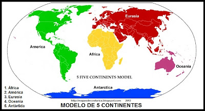 Mapamundi, modelo de 5 continentes