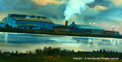 plein air oil painting of  BHP steelworks Kooragang Island by industrial heritage artist Jane Bennett