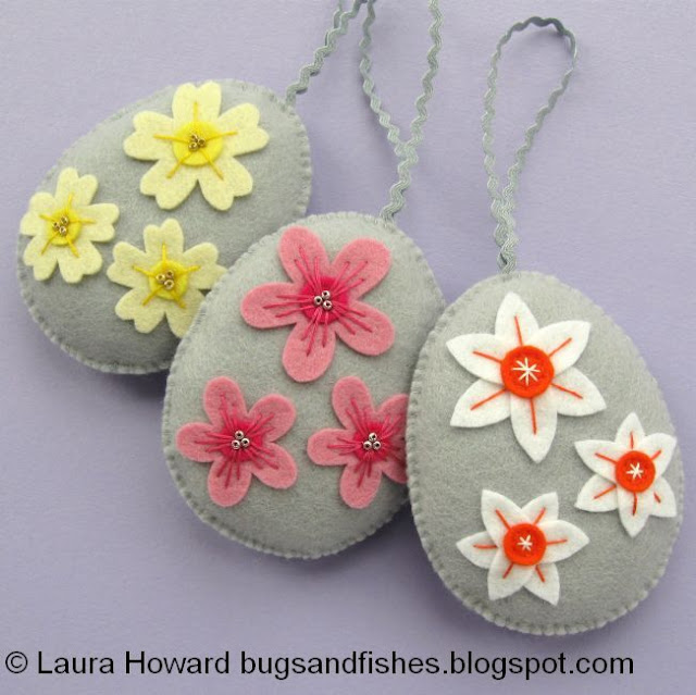 Wool felt easter eggs decorated with spring flowers