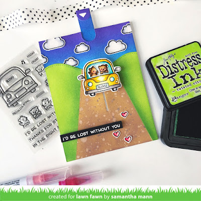 I'd Be Lost Without You Card by Samantha Mann for Lawn Fawn, Lawn Fawnatics, Car Critters, Interactive, Cards, Handmade Cards, Pull Tab, Distress Inks, Ink Blending #lawnfawn #pulltab #interactive #interactivecard #cards #carcritters #distressinks #inkblending