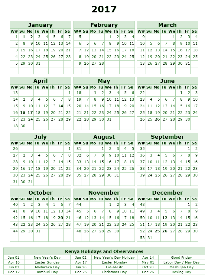 Free Printable Calendar 2018 Kenya Holidays calendar 2017