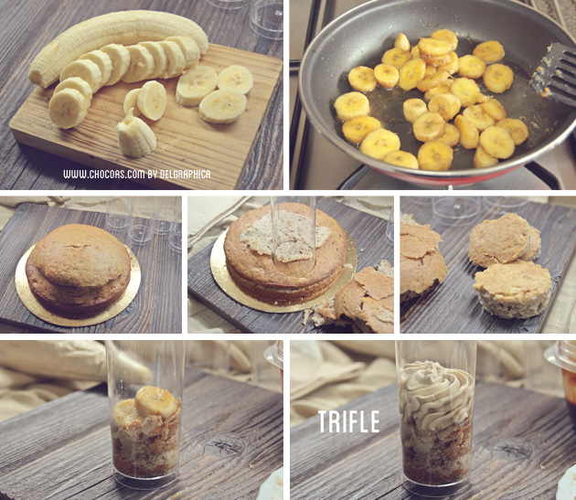 Trifle de bizcocho de plátabo y crema de toffee - paso a paso