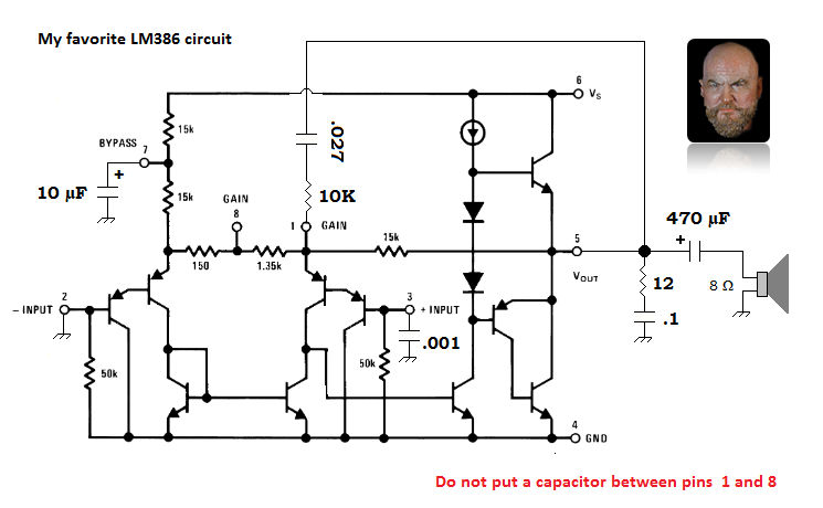 An LM386N-4 schematic with the needed bypass and feedback tweaks to make it sing sweetly