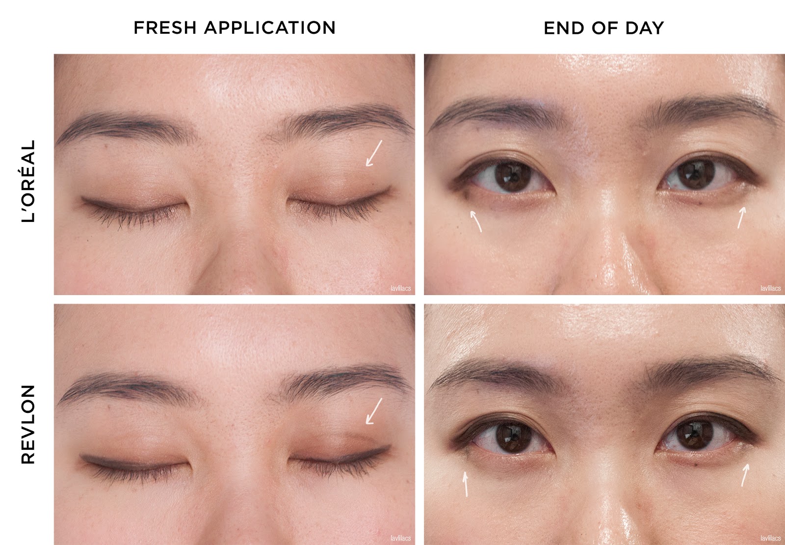 lavlilacs Retractable Eyeliner Comparison Review - L'Oreal Matte-Matic versus Revlon Colorstay applied