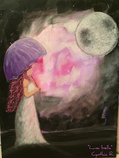 beautiful moon, pink night, moon, muchacha con sombrilla morada, paisaje nocturno con muchacha y sombrilla, penumbra,