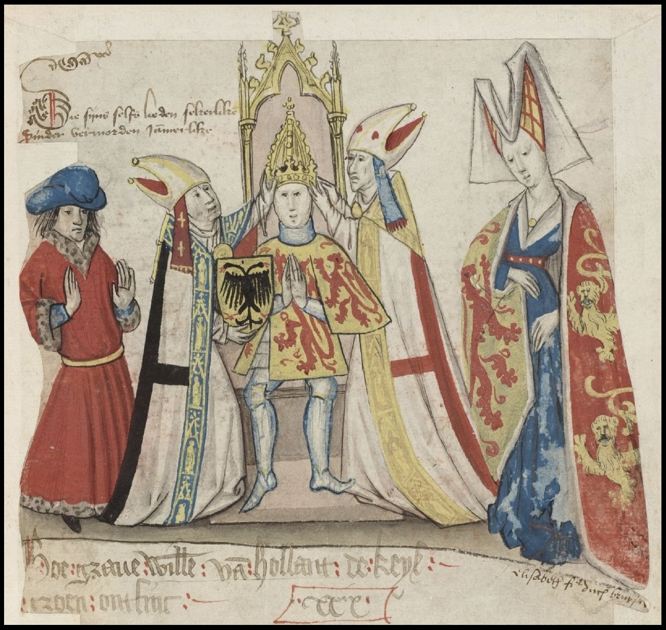 medieval manuscript illustration of Duke on throne being crowned by biships