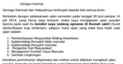 Contoh Surat Permohonan Ujian Susulan Karena Sakit Opname 