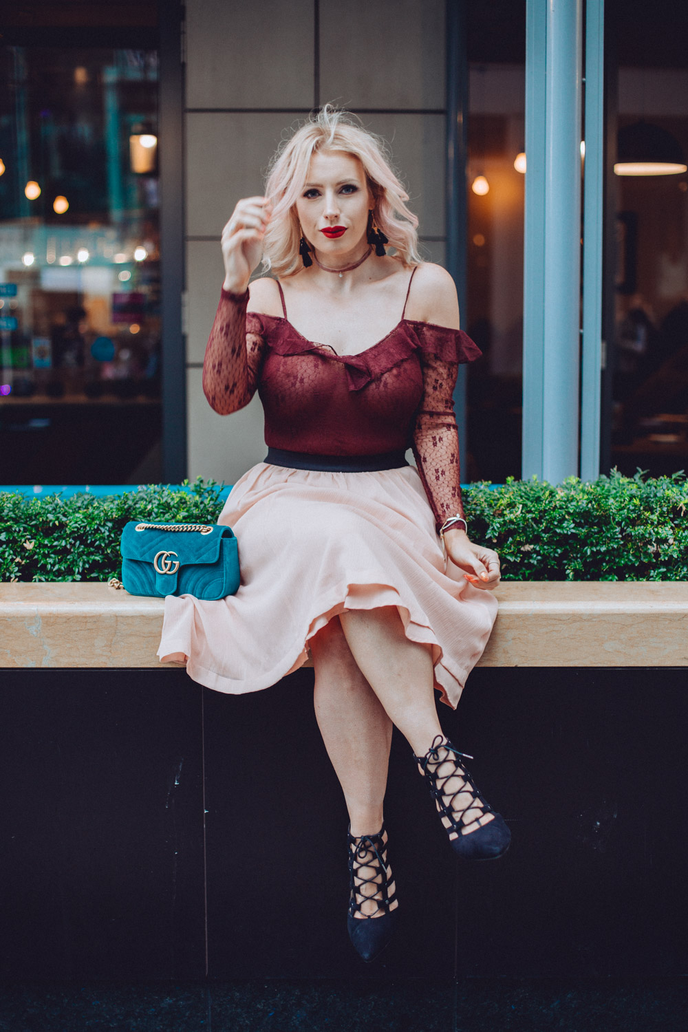 Gucci Velvet Marmont, Miu Miu Sunglasses, lace body and pink skirt. fashion blogger style