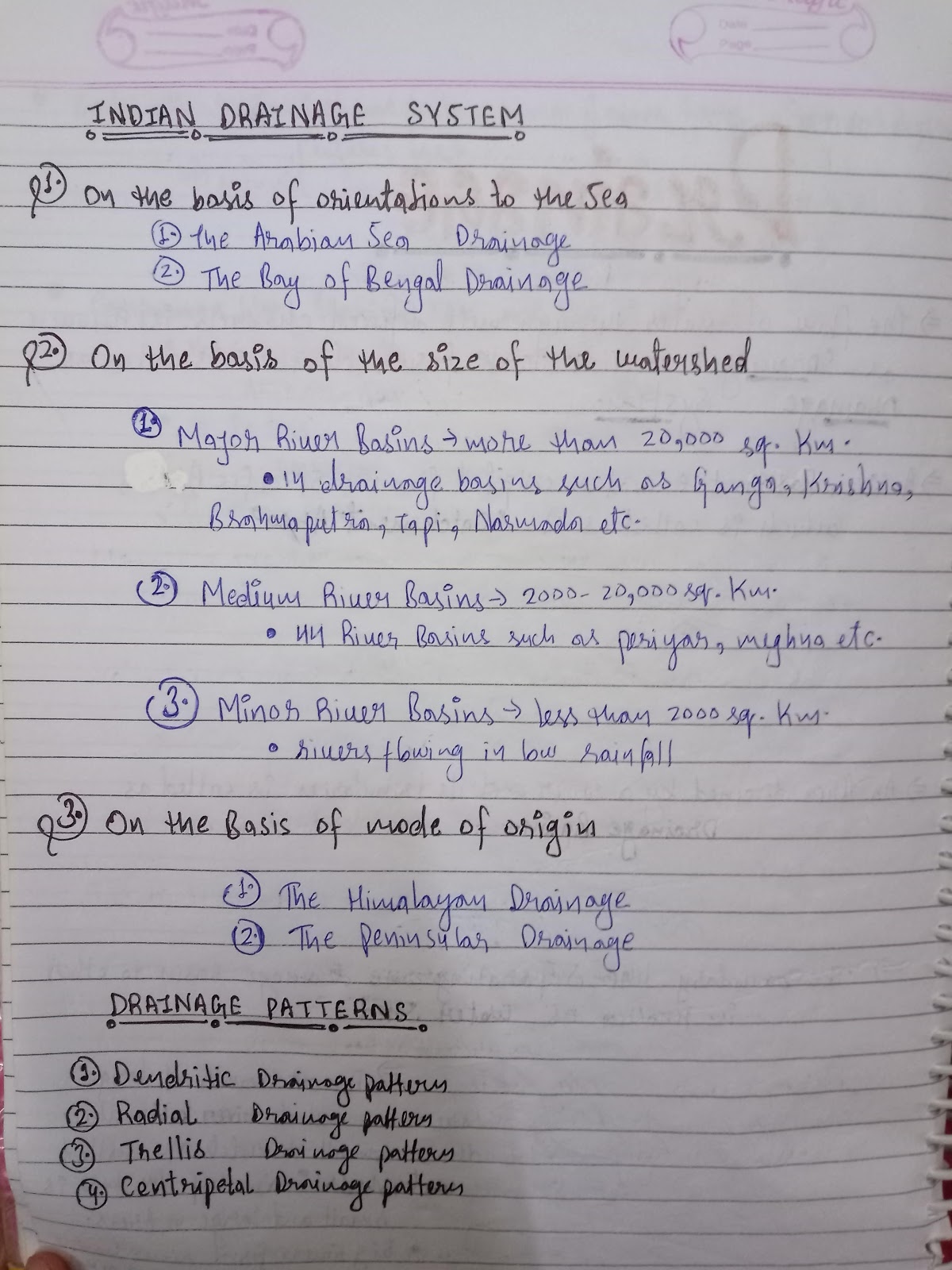 Handwritten Notes of DRAINAGE chapter 3 class 11th geography