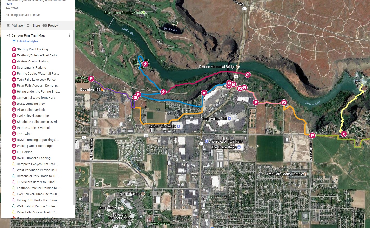 Twin Falls - Snake River Canyon Rim Trail map