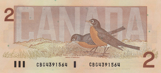 Canada money currency 2 Canadian Dollars banknote 1986 Birds, American robins
