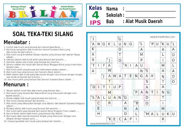 Soal Teka-Teki Silang SD Kelas 4 Tentang Alat Musik Daerah Daerah Dan Kunci Jawaban Soal Teka-Teki Silang SD Kelas 4 Tentang Alat Musik Daerah Daerah Dan Kunci Jawaban