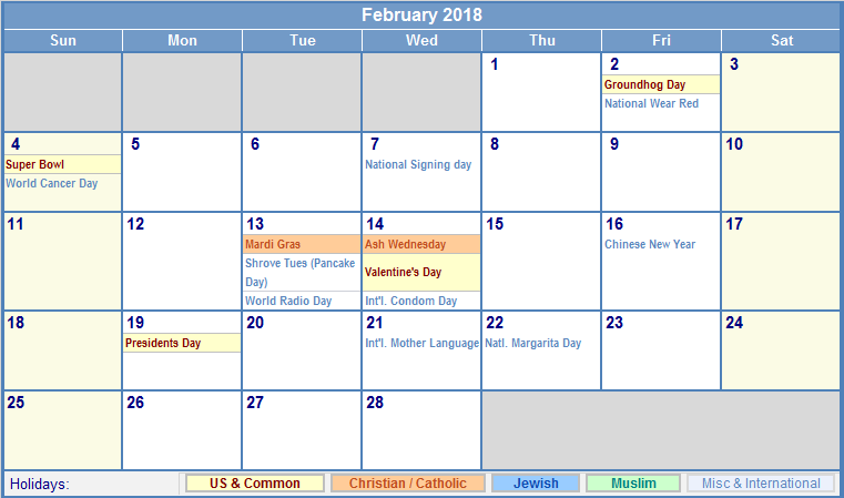 february 2018 calendar page
