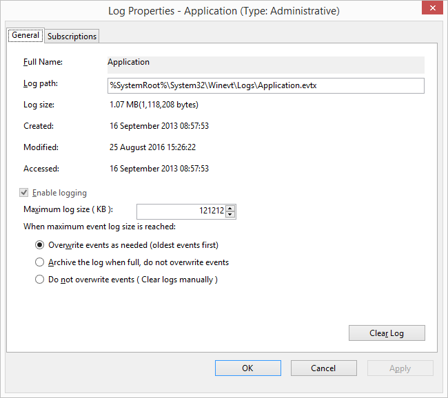 Cannot change Event Log size The maximum log size specified is not