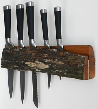 wood wall-mounted knife rack with slot for knives - made from recycled fencing