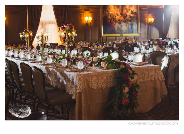 Lush head table foliage garland runner full floral red, blush, coral, peach, plum captains table detroit athletic club sweet pea floral design silver thumb photography