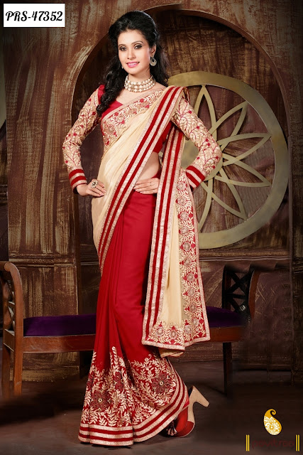 Diwali and Karva Chauth festival sale on red georgette designer saree online shopping with free shipping charges