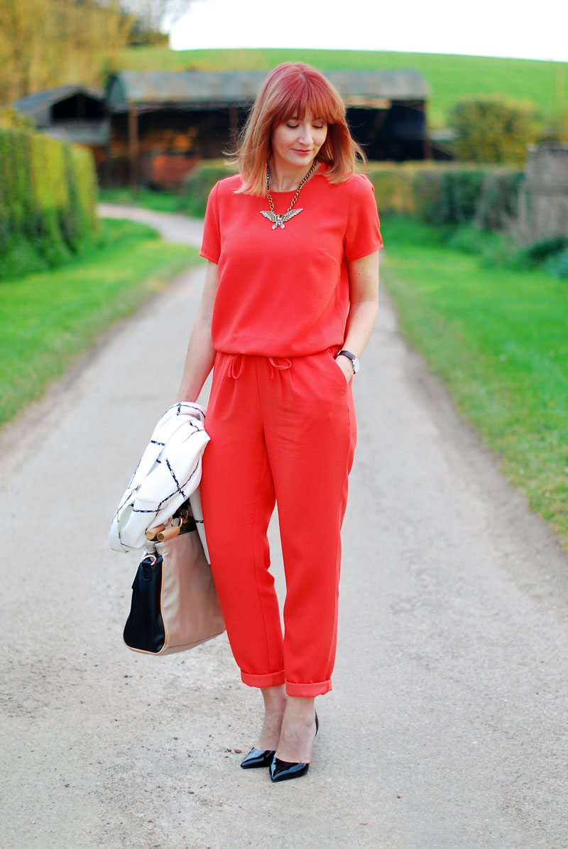 red jumpsuit outfit with jacket