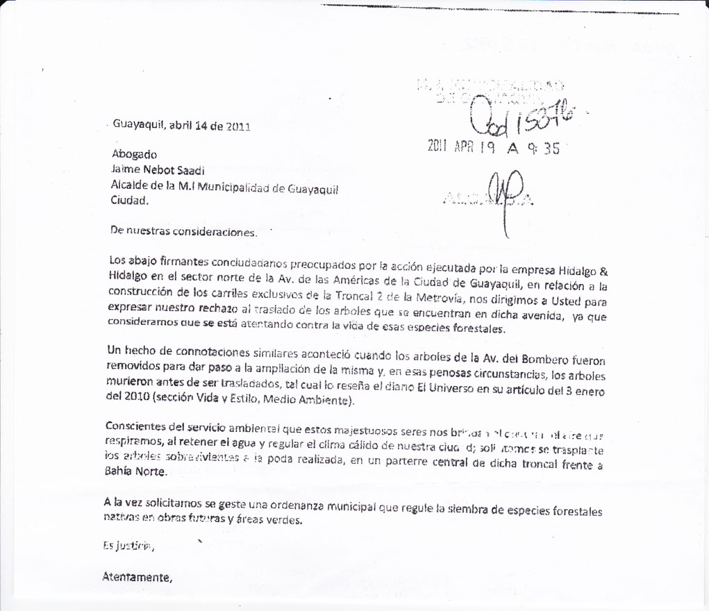 FUNDACION ECOSOL: Oficio enviado al Alcalde de la . Municipalidad de  Guayaquil