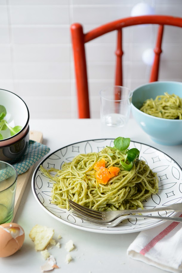 Spaghetti with spinach pesto and soft boiled eggs