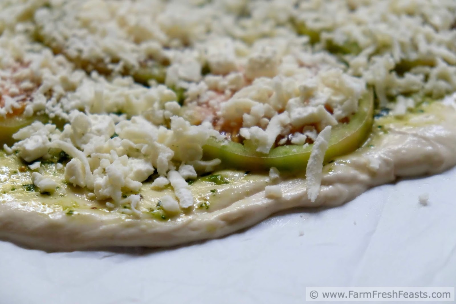 Farm Fresh Feasts Green Tomato Pizza with Pesto and Feta