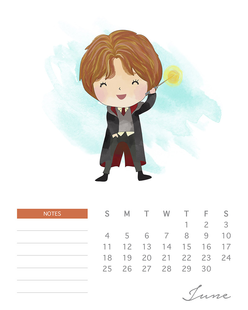 Calendário 2017 com aguarelas do Harry Potter para imprimir / Free