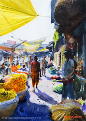 market paintings flower kolkata watercolor painting drawing composition indian street markets jhawar ramesh watercolour vendors watercolors drawings series architecture inches